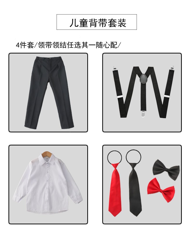 Boys' Suspenders White Trousers Suspenders Bow Tie Suit Flower Girl Piano Eloquence Performance Dress - Image 1