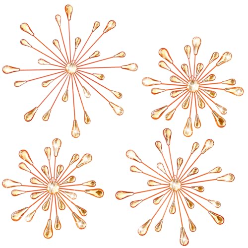 Hicarer 4 Pcs Starburst Wall Decor Bling Wall Art Crystal Teardrop 3D Hanging Rhinestone Radial Metal Artwork Modern Accent Sculptures Decorations for Living Room Home Office BedroomOrange - Image 3