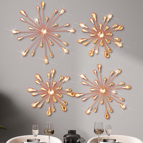 Hicarer 4 Pcs Starburst Wall Decor Bling Wall Art Crystal Teardrop 3D Hanging Rhinestone Radial Metal Artwork Modern Accent Sculptures Decorations for Living Room Home Office BedroomOrange - Image 1
