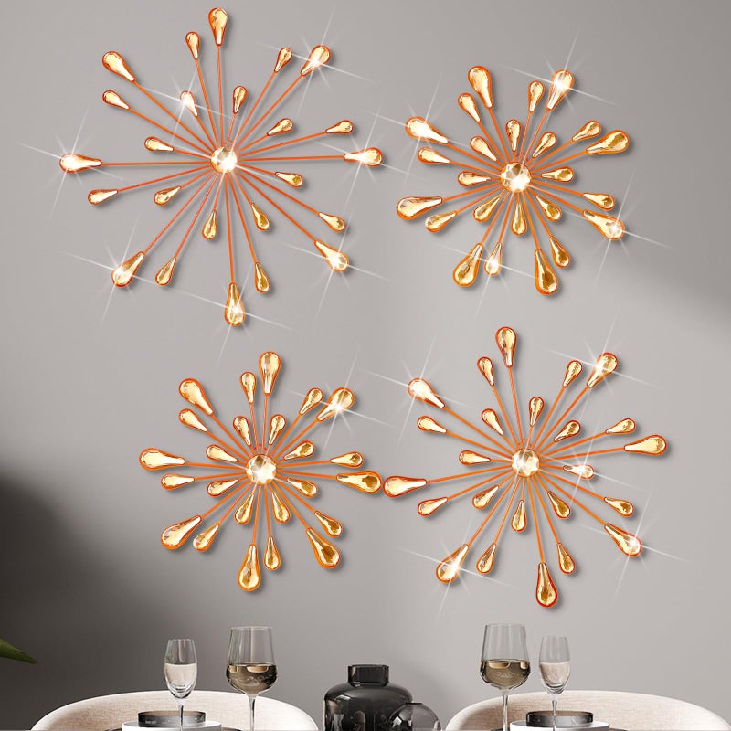 Hicarer 4 Pcs Starburst Wall Decor Bling Wall Art Crystal Teardrop 3D Hanging Rhinestone Radial Metal Artwork Modern Accent Sculptures Decorations for Living Room Home Office BedroomOrange - Image 2