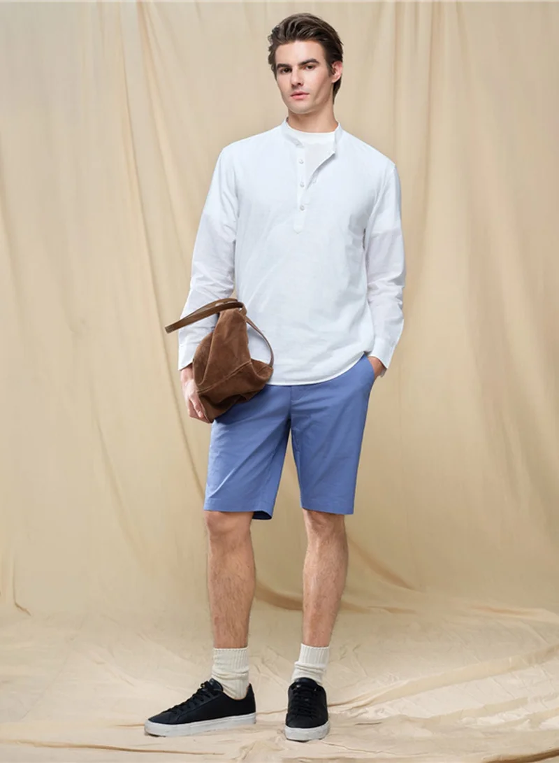 GIORDANO Men's Linen Cotton Band Collar Shirt