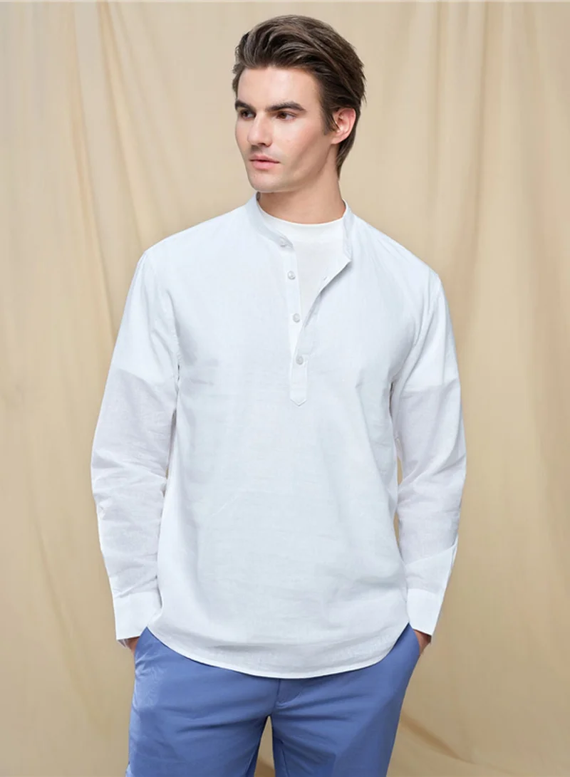 GIORDANO Men's Linen Cotton Band Collar Shirt