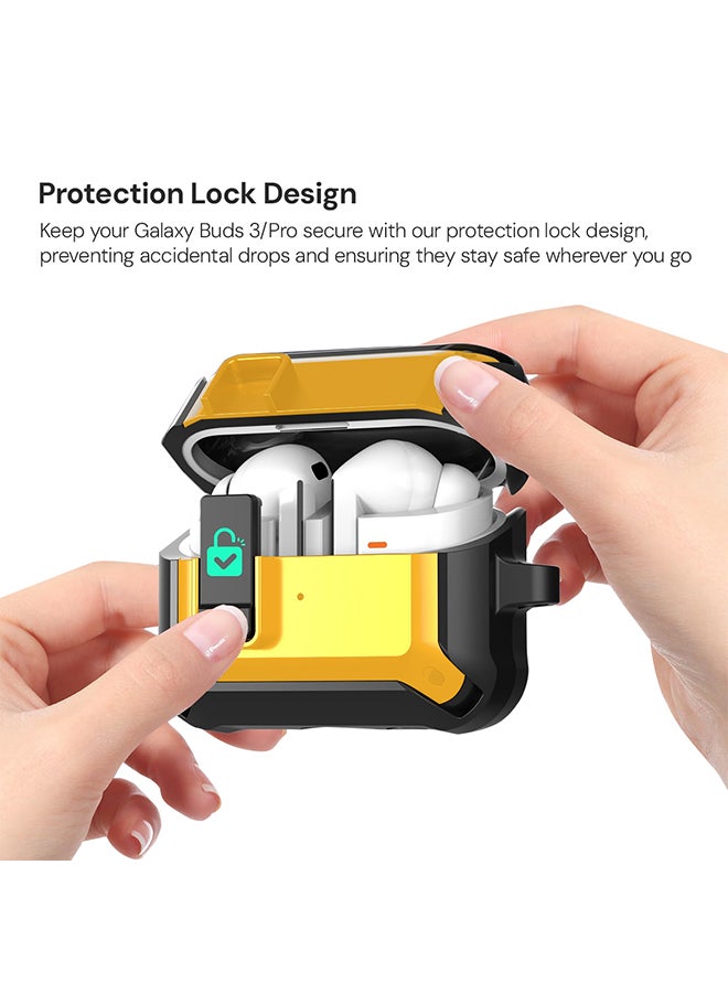 O Ozone Case For Samsung Galaxy Buds3 & Galaxy Buds 3 Pro Case Cover, Rugged Armor Shockproof Hard Shell Protection Case with Secure Lock Clip - Yellow  - Image 3