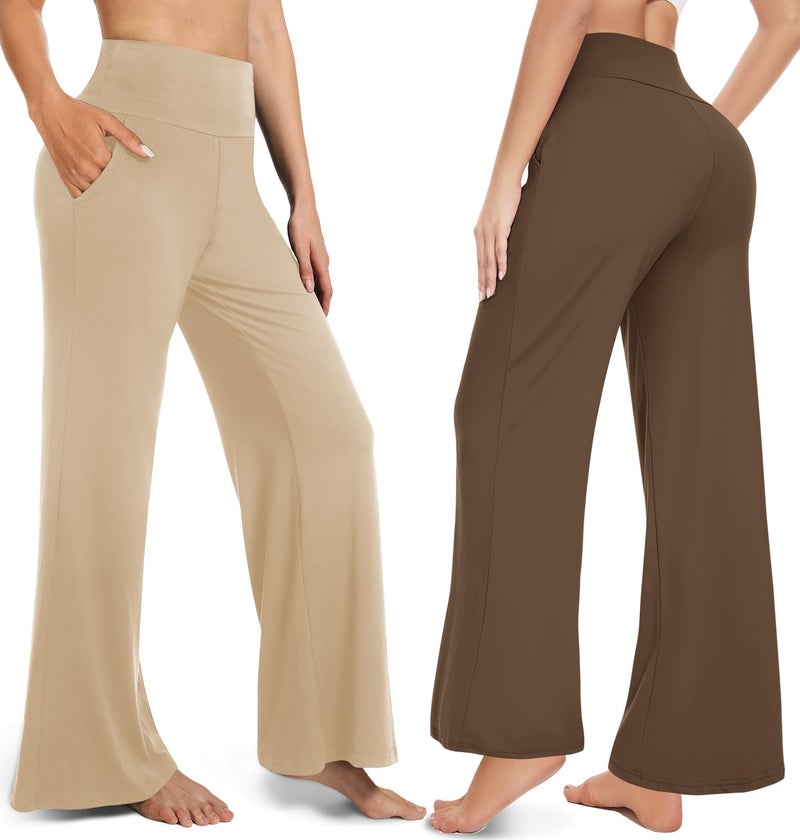 FULLSOFT 3 Pack Women's Wide Leg Yoga Pants Comfy Loose Sweatpants High Waisted Lounge Casual Workout Joggers Pants with Pockets(Black,Coca Moncha,Light Khaki,Small) - Image 2