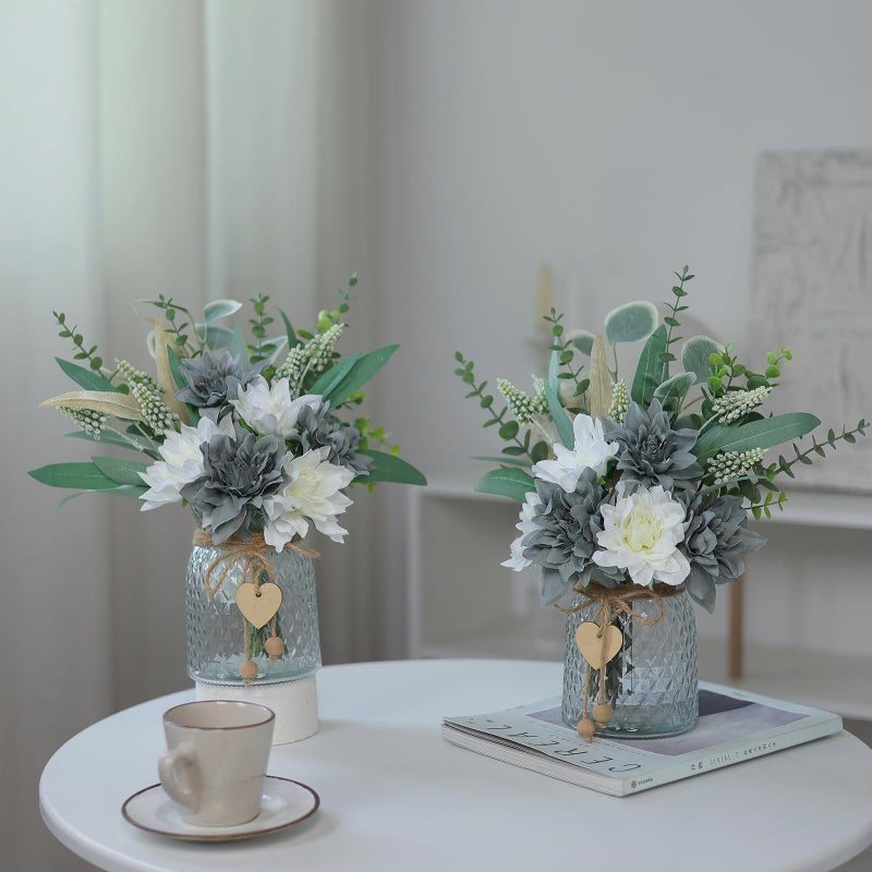 VIERENA Faux Flowers with Vase,Artificial Silk Flowers in Vase, Fake Plant Eucalyptus and Willow,Flower Arrangement for Home Farmhouse kitchen Dining Table Centerpiece Decorations Table Decor (Grey Blue) - Image 5
