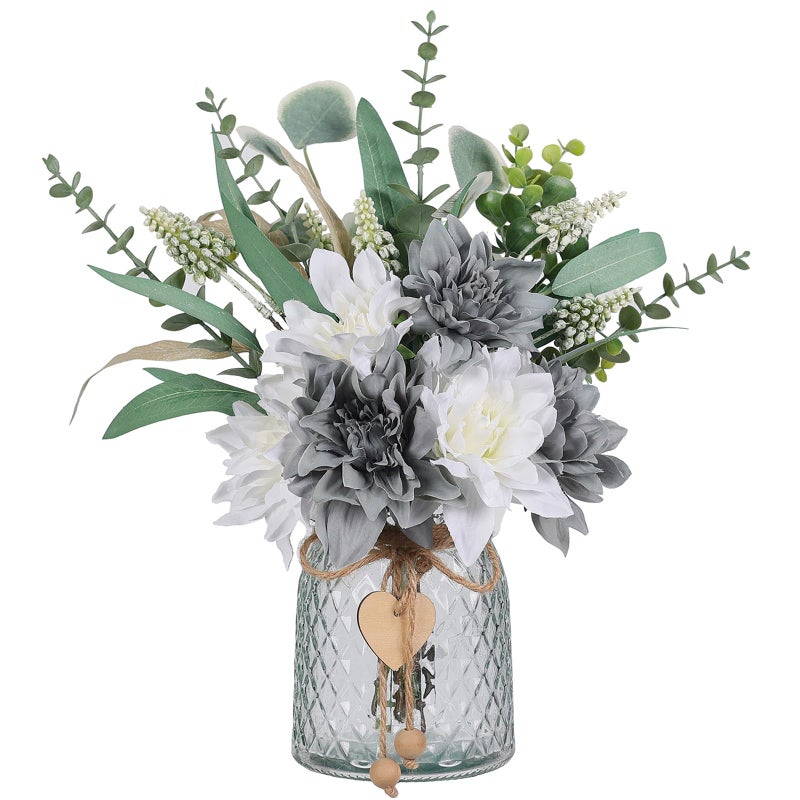 VIERENA Faux Flowers with Vase,Artificial Silk Flowers in Vase, Fake Plant Eucalyptus and Willow,Flower Arrangement for Home Farmhouse kitchen Dining Table Centerpiece Decorations Table Decor (Grey Blue) - Image 1