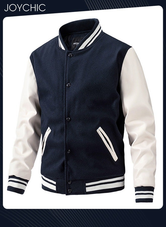 NIBEMINENT Classic Men's Autumn and Winter Baseball Uniform Woolen Pu Sleeve Casual Jacket Warm Outwear for Men Youth Teenager Dark Blue+White  - Image 1