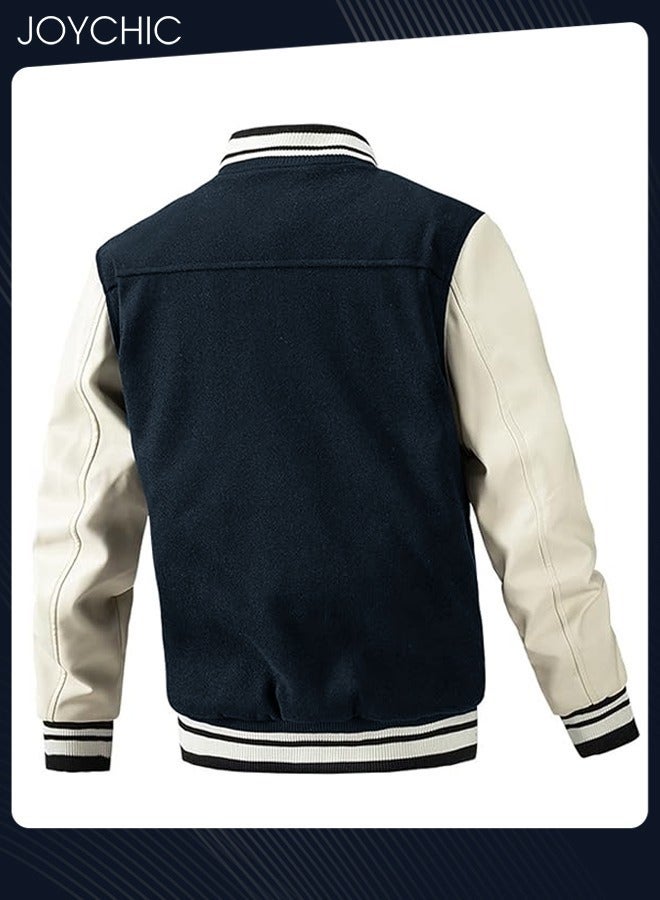 NIBEMINENT Classic Men's Autumn and Winter Baseball Uniform Woolen Pu Sleeve Casual Jacket Warm Outwear for Men Youth Teenager Dark Blue+White  - Image 2
