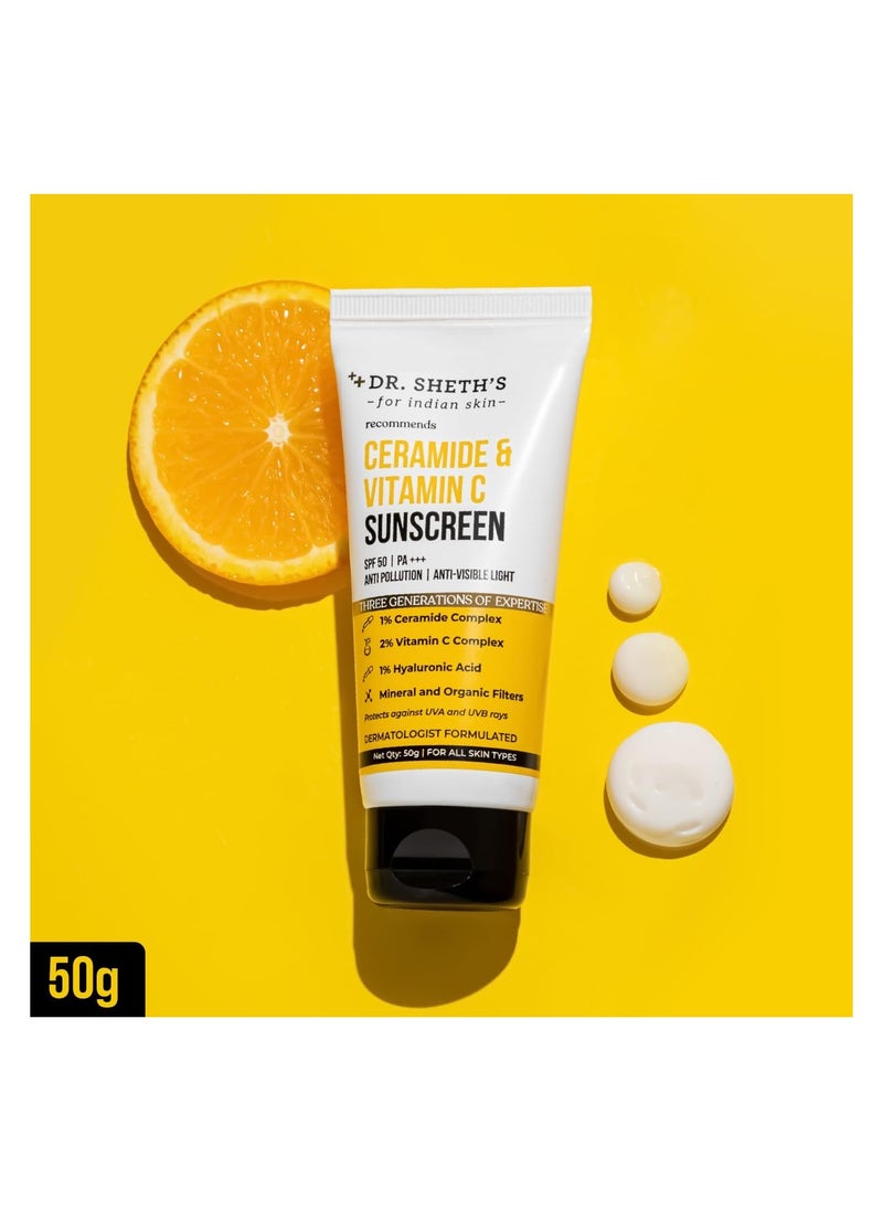 Dr. Sheth's - Dr. Sheth's Ceramide & Vitamin C Sunscreen | SPF 50+ Pa+++ | Non Greasy, Quick Absorbing | For Men & Women | For All Skin Types | 50g - Image 1
