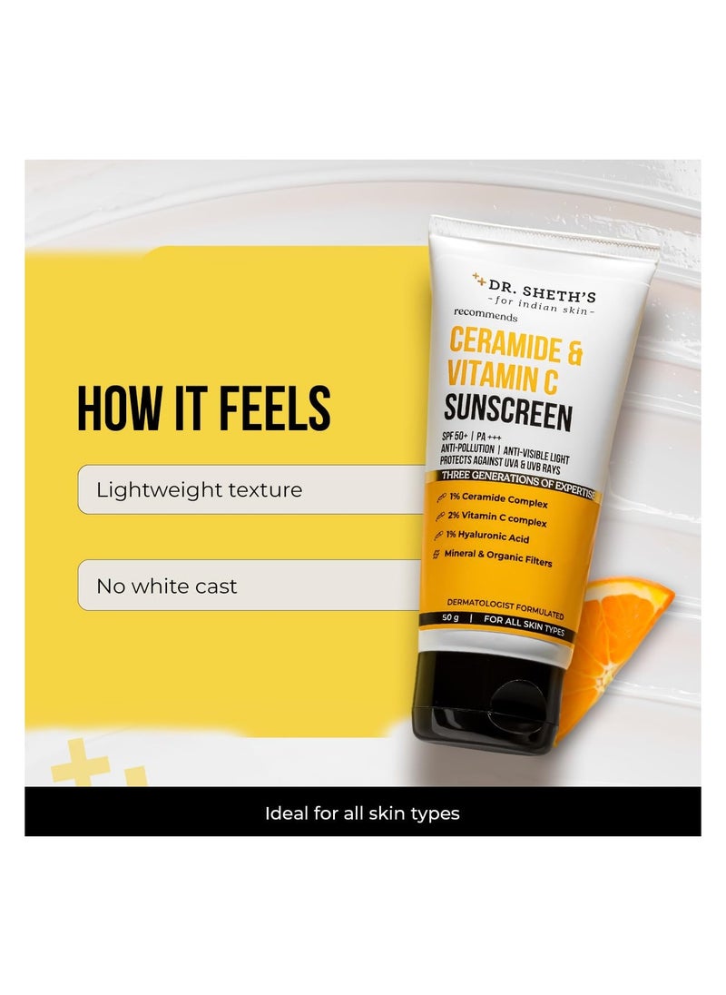 Dr. Sheth's - Dr. Sheth's Ceramide & Vitamin C Sunscreen | SPF 50+ Pa+++ | Non Greasy, Quick Absorbing | For Men & Women | For All Skin Types | 50g - Image 1