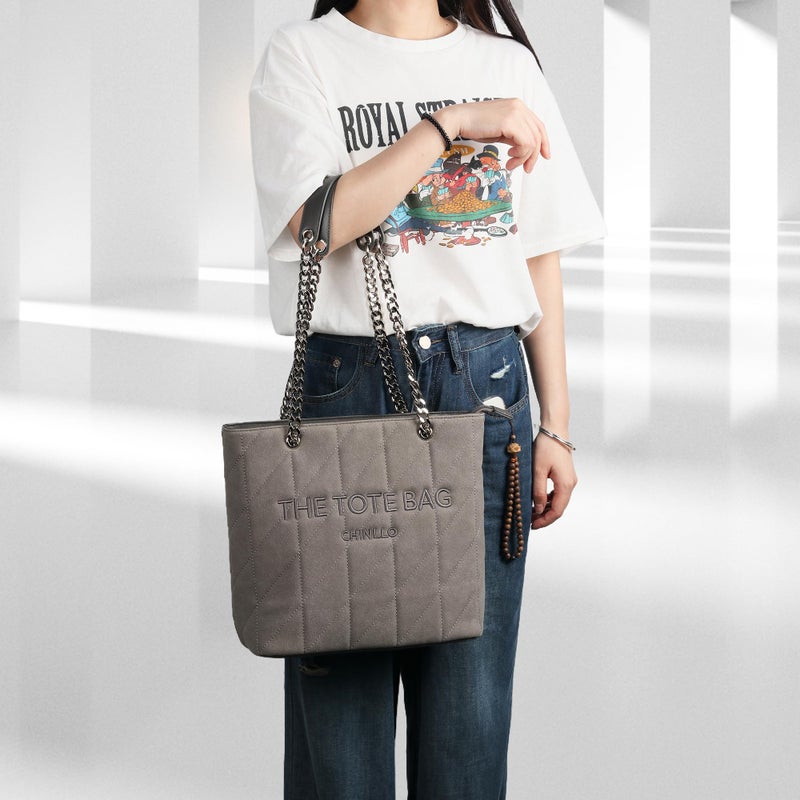 Chinllo Tote Bag for Women, Medium Suede Quilted Top Handle Chains Handbags Purse (Es.Grey) - Image 2