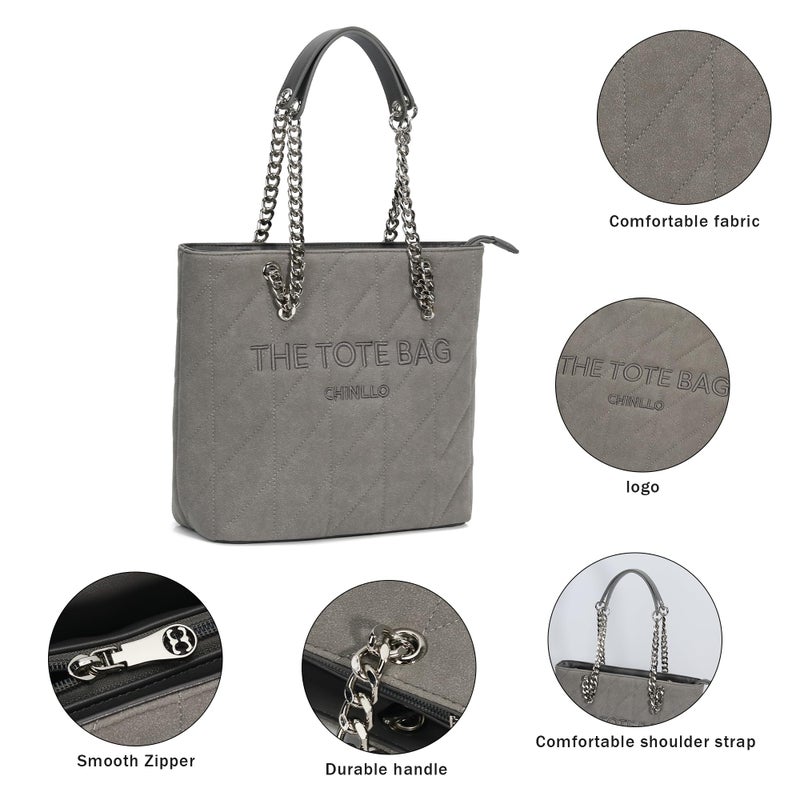 Chinllo Tote Bag for Women, Medium Suede Quilted Top Handle Chains Handbags Purse (Es.Grey) - Image 4