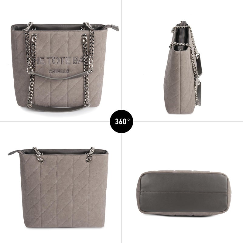 Chinllo Tote Bag for Women, Medium Suede Quilted Top Handle Chains Handbags Purse (Es.Grey) - Image 5