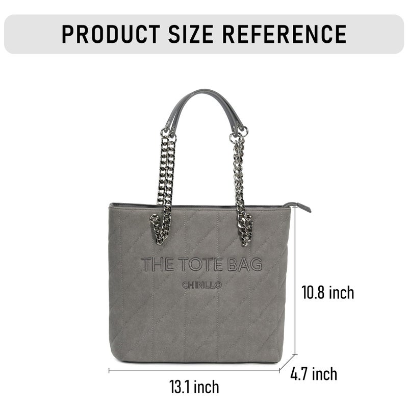 Chinllo Tote Bag for Women, Medium Suede Quilted Top Handle Chains Handbags Purse (Es.Grey) - Image 3
