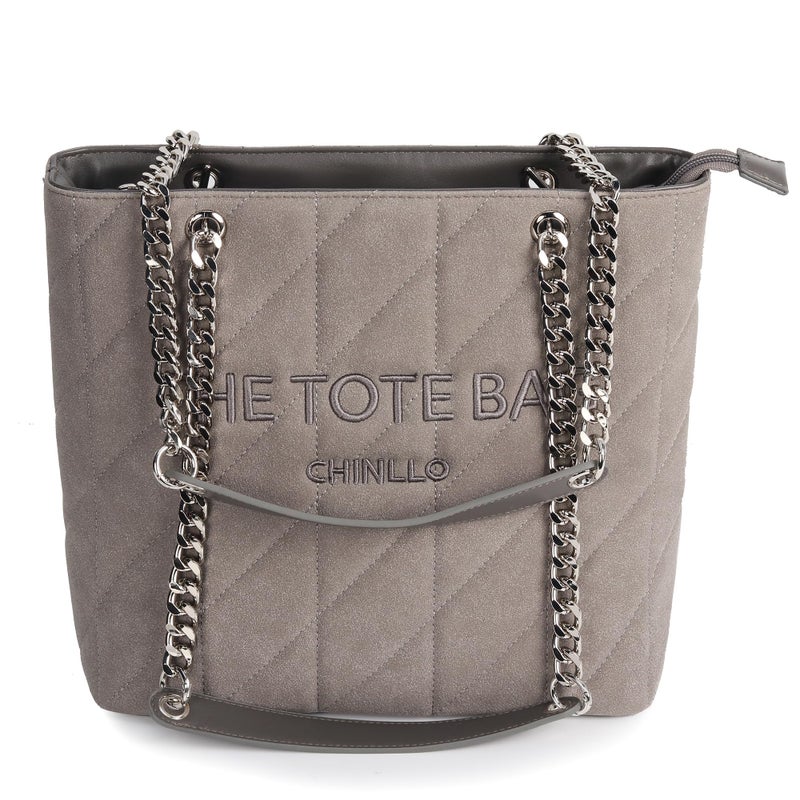 Chinllo Tote Bag for Women, Medium Suede Quilted Top Handle Chains Handbags Purse (Es.Grey) - Image 1
