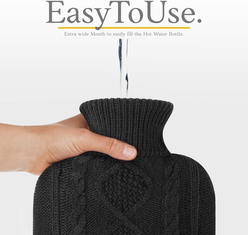 Qomfor Hot Water Bottle - Premium Soft Knit Cover - Large Capacity 1.8L - Hot Water Bottle with Knitted House for Pain Relief, Back, Neck & Shoulders & Cosy Warm Nights - Black - Image 4