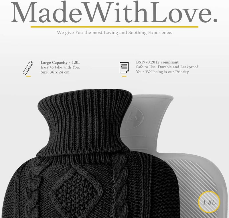 Qomfor Hot Water Bottle - Premium Soft Knit Cover - Large Capacity 1.8L - Hot Water Bottle with Knitted House for Pain Relief, Back, Neck & Shoulders & Cosy Warm Nights - Black - Image 3