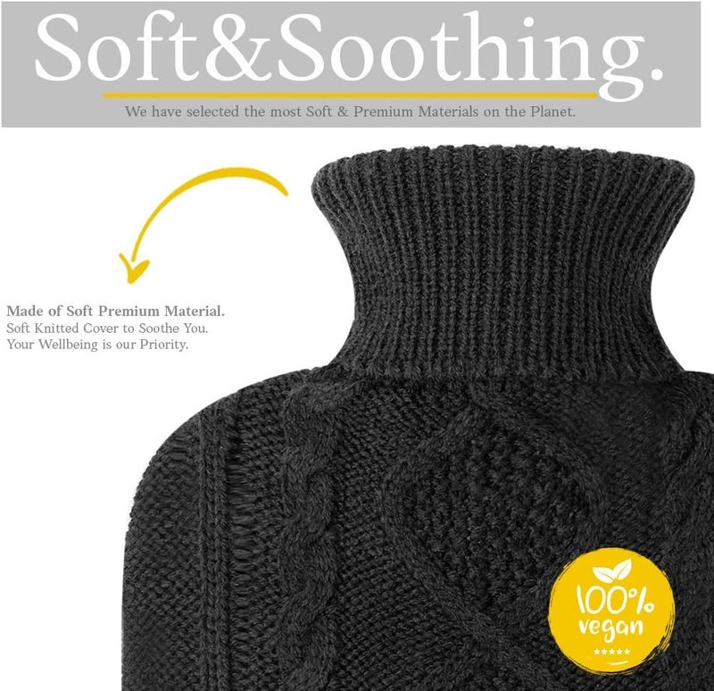 Qomfor Hot Water Bottle - Premium Soft Knit Cover - Large Capacity 1.8L - Hot Water Bottle with Knitted House for Pain Relief, Back, Neck & Shoulders & Cosy Warm Nights - Black - Image 2
