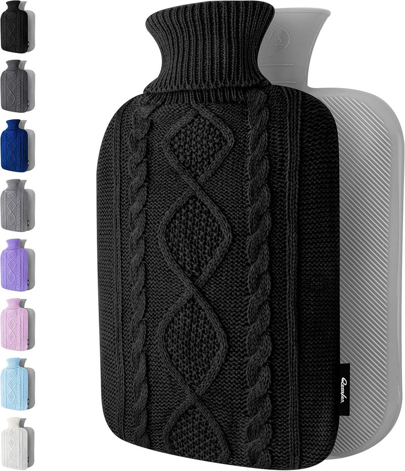 Qomfor Hot Water Bottle - Premium Soft Knit Cover - Large Capacity 1.8L - Hot Water Bottle with Knitted House for Pain Relief, Back, Neck & Shoulders & Cosy Warm Nights - Black - Image 1