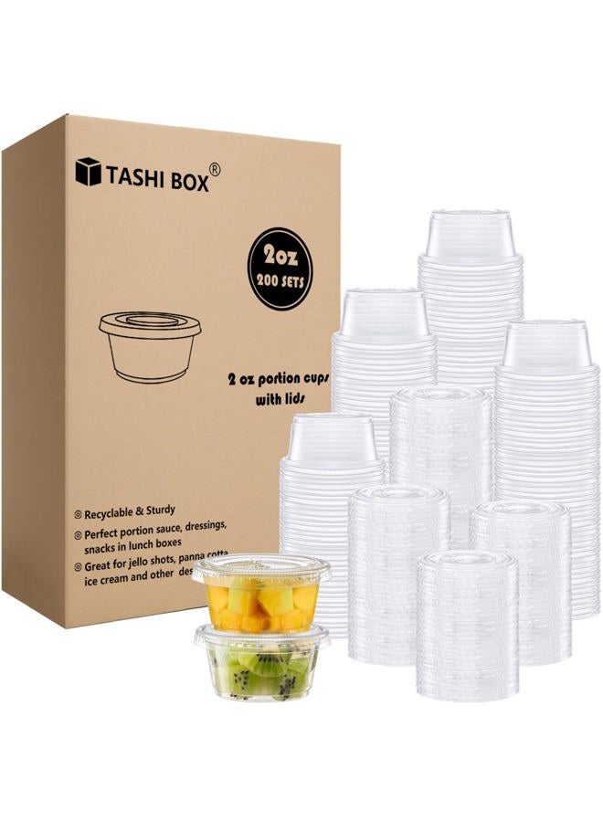 TashiBox Plastic Portion Cups with Lids [2 Ounce, 200 Sets] Disposable Plastic Cups for Meal Prep, Salad Dressing, Jellos Shot Cups, Souffle Cups, Condiment & Dipping Sauce Cups - Image 1