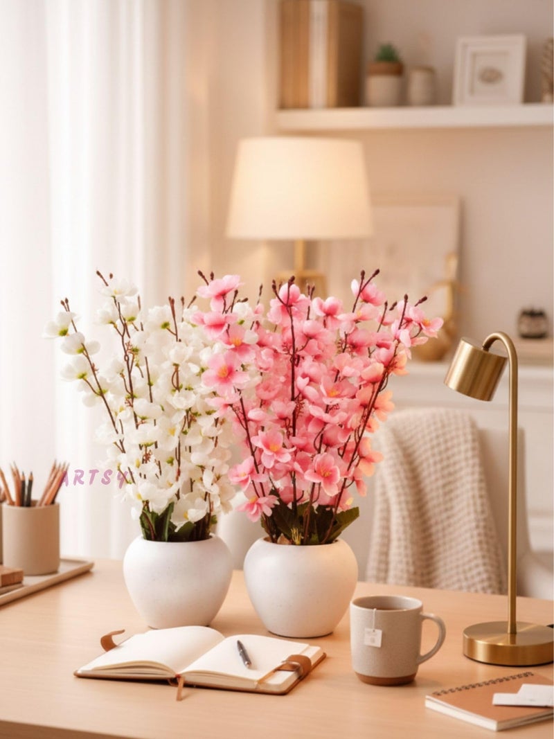 ARTSY® Artificial Flowers with Pot for Home Decoration, Ideal for Office Decor, Gifts, Craft, Artificial Plants with Pot, White Pink, Combo, Pack of 2 Pieces, 45 cm Height | - Image 3
