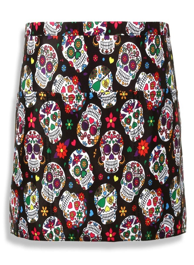 Plum Hill Sugar Skulls Waist Apron - Waitress Server Aprons - 3 Pockets; Cute Half Apron for Bartender, Restaurant, Coffee Shop, Teachers - Day of the Dead - Image 1