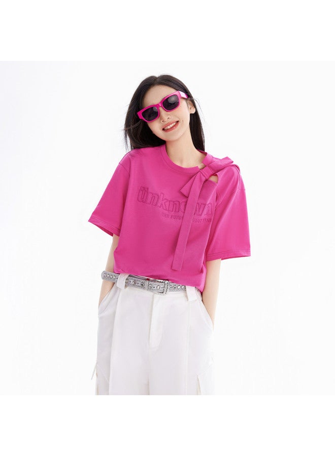 EPTISON Women's Short Sleeve T-shirt Summer Fashion Hollow Bow Decoration Letter Embroidery Pure Cotton Tee - Image 3