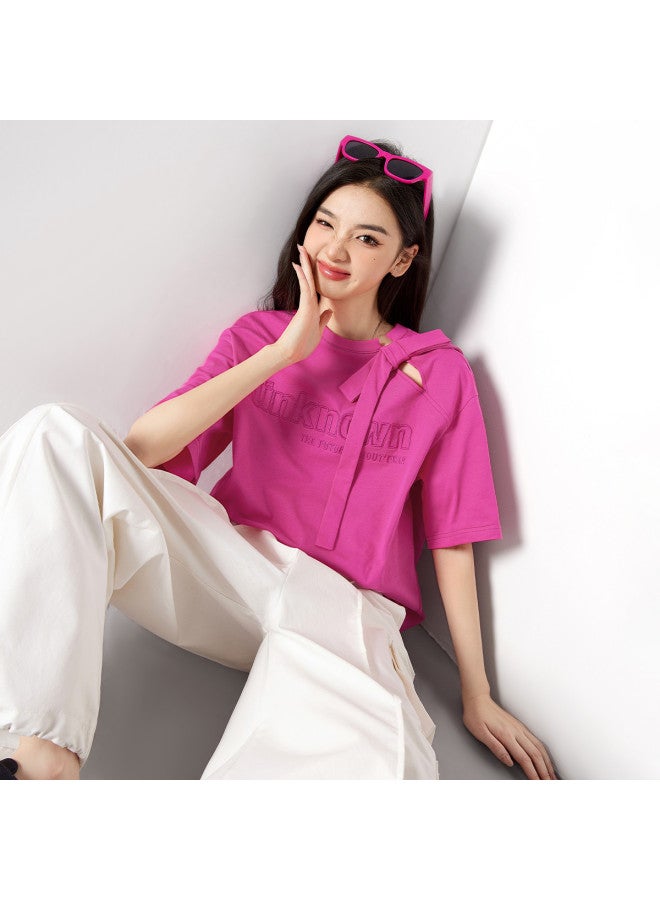 EPTISON Women's Short Sleeve T-shirt Summer Fashion Hollow Bow Decoration Letter Embroidery Pure Cotton Tee - Image 2