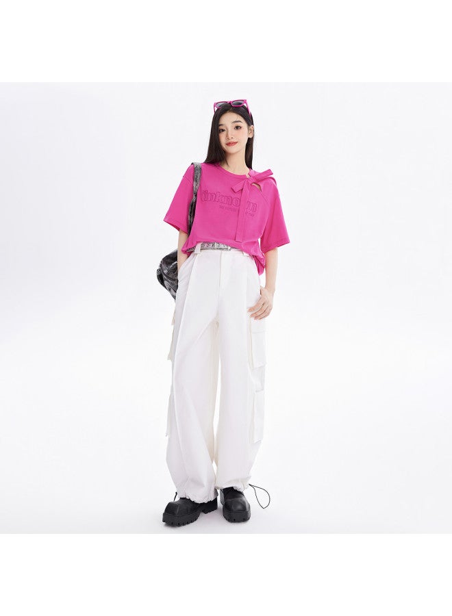 EPTISON Women's Short Sleeve T-shirt Summer Fashion Hollow Bow Decoration Letter Embroidery Pure Cotton Tee - Image 4