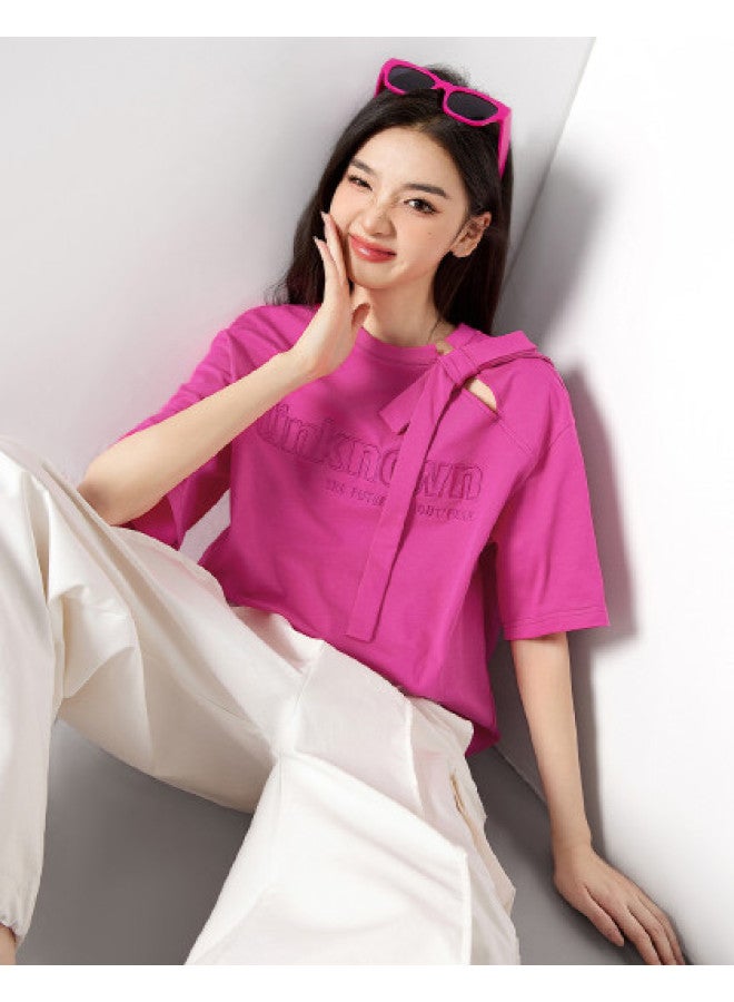 EPTISON Women's Short Sleeve T-shirt Summer Fashion Hollow Bow Decoration Letter Embroidery Pure Cotton Tee - Image 1