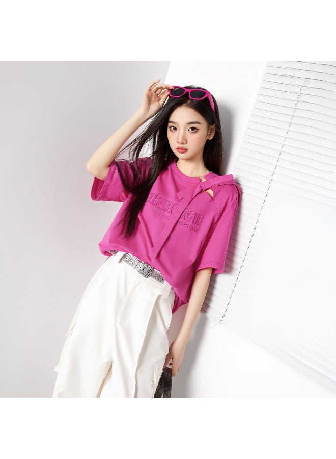 EPTISON Women's Short Sleeve T-shirt Summer Fashion Hollow Bow Decoration Letter Embroidery Pure Cotton Tee - Image 5