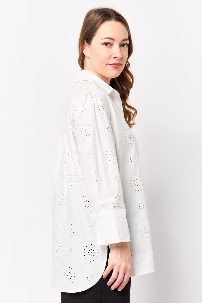 bebe Women Spread Collar Eyelet Long Sleeve Shirt, White - Image 4