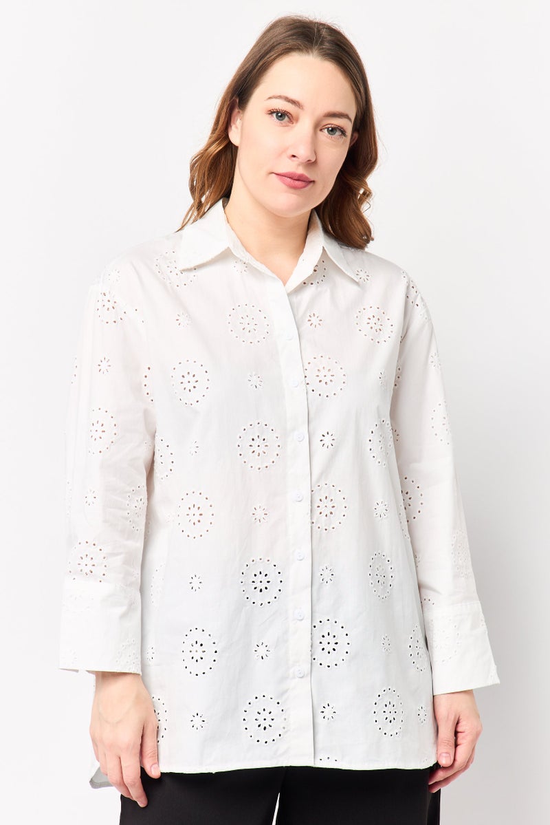 bebe Women Spread Collar Eyelet Long Sleeve Shirt, White - Image 1