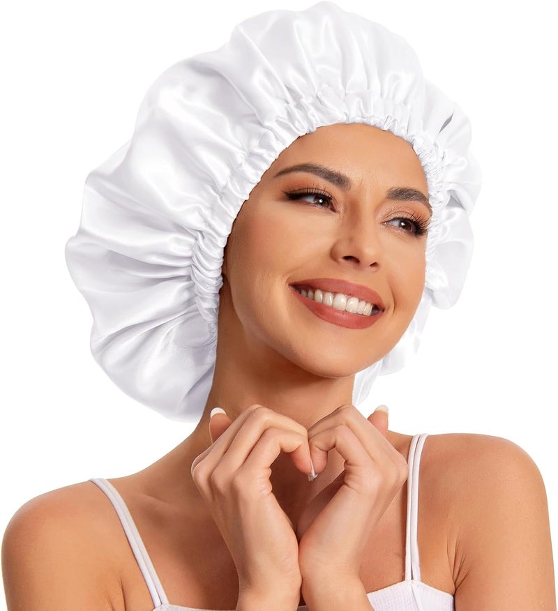 Edoneery Satin Hair Cap for Women Silk Night Cap for Natural Hair, white, One Size - Image 1