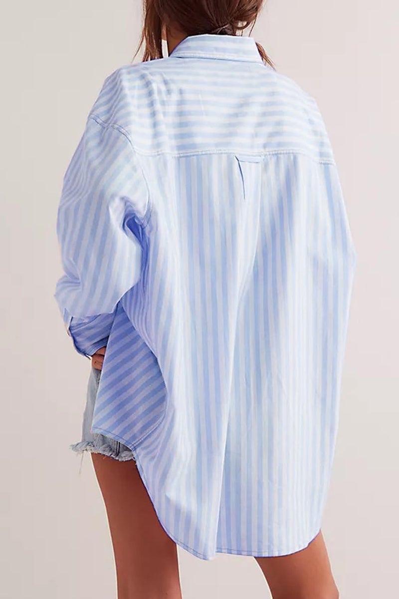 CHYRII Womens Striped Button Down Shirt Casual Long Sleeve Blouse Top Blue M - Image 5