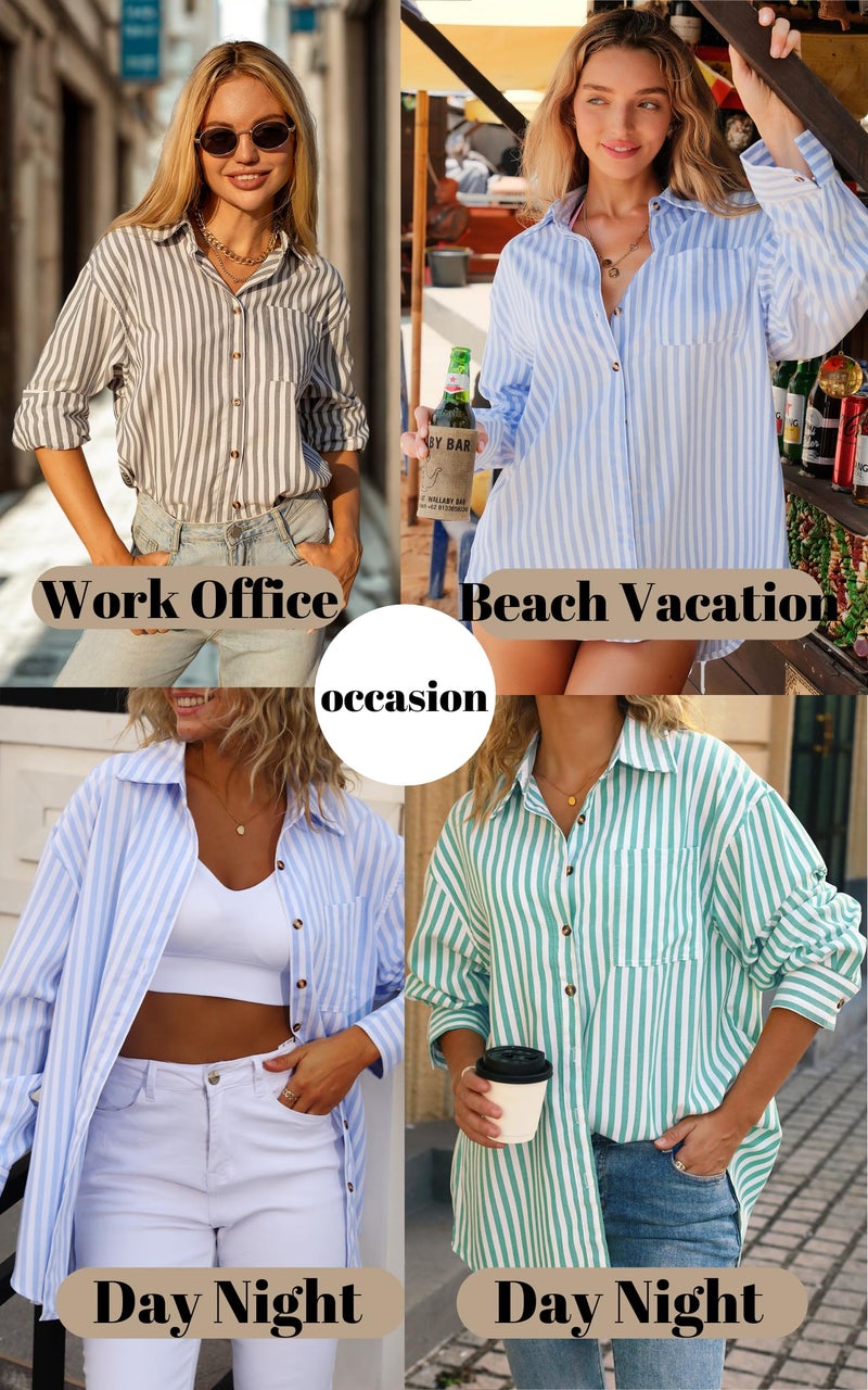 CHYRII Womens Striped Button Down Shirt Casual Long Sleeve Blouse Top Blue M - Image 4
