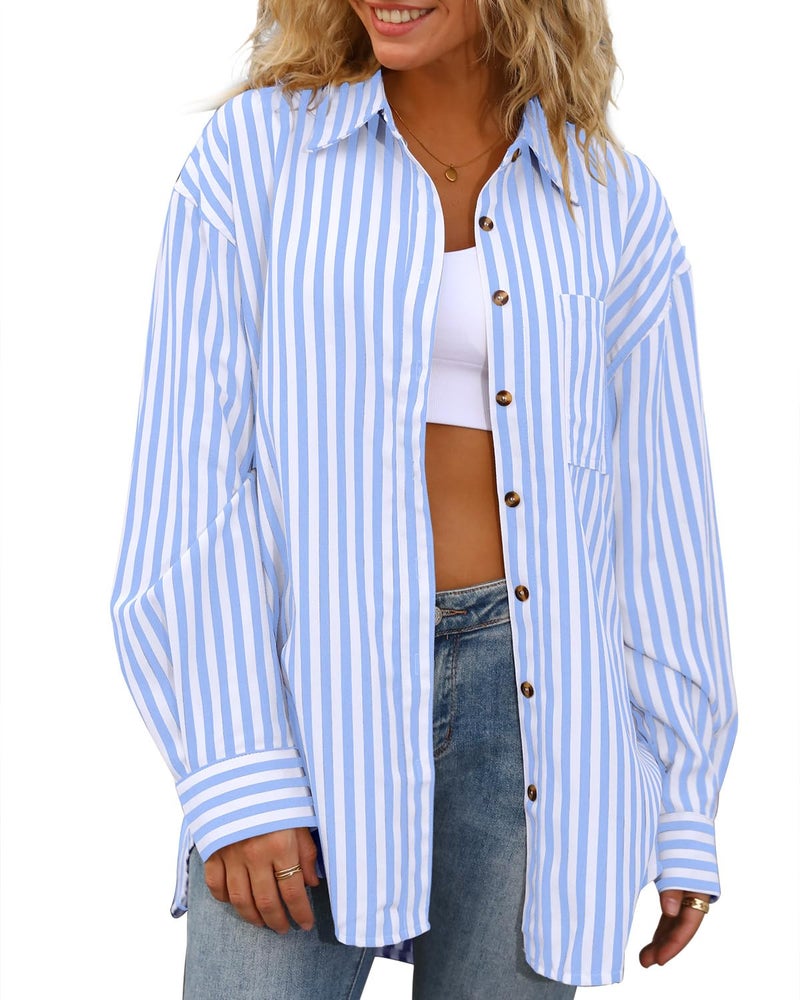 CHYRII Womens Striped Button Down Shirt Casual Long Sleeve Blouse Top Blue M - Image 1