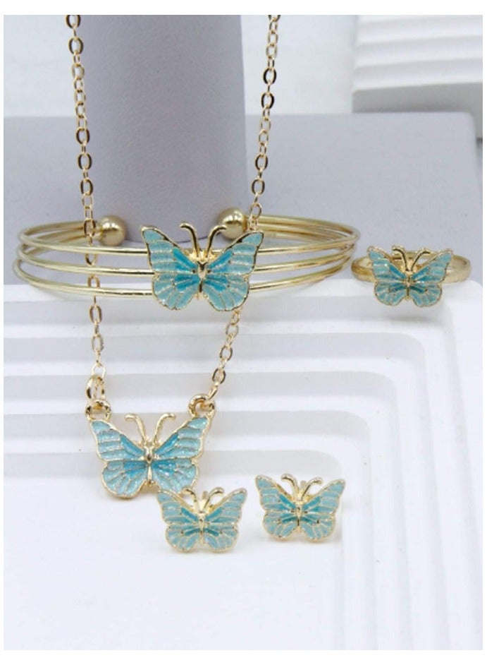 Elegant and distinctive women accessories set consisting of chain with butterfly-designed pendant earrings bracelet and ring  - Image 2