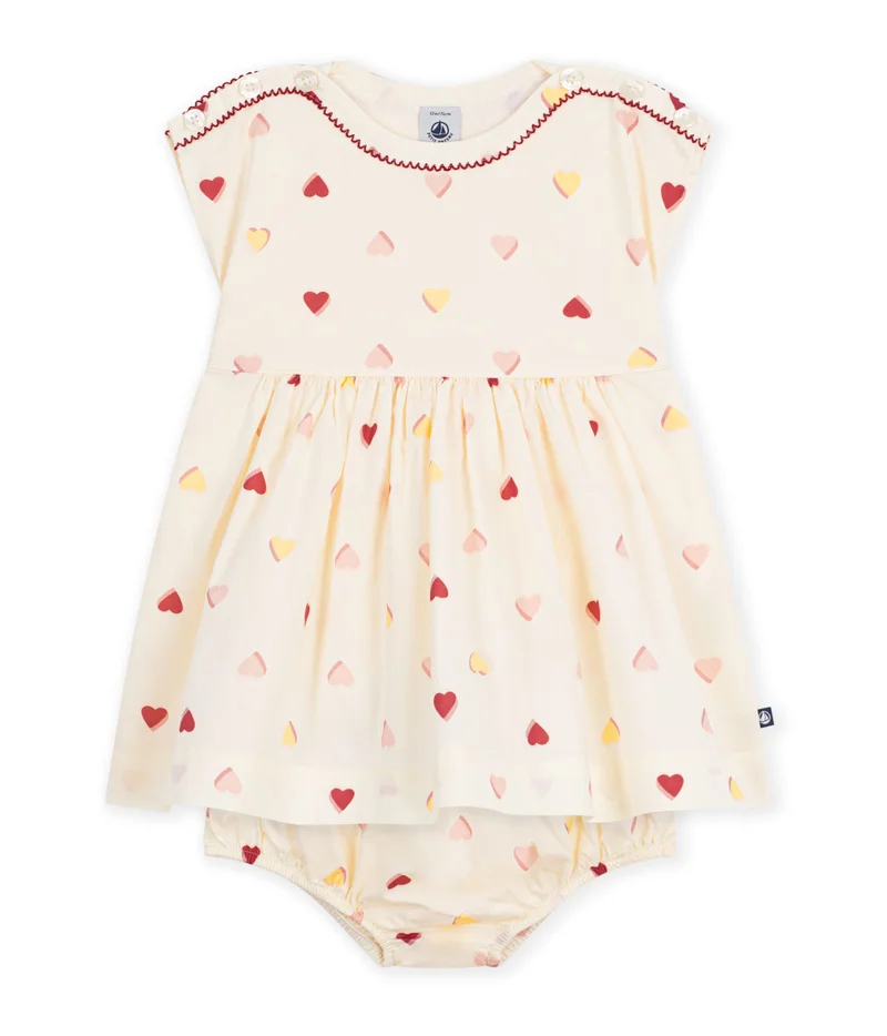 Petit Bateau Babies' Short-Sleeved Cotton Dress Printed With Hearts.