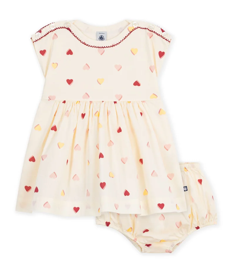 Petit Bateau Babies' Short-Sleeved Cotton Dress Printed With Hearts.