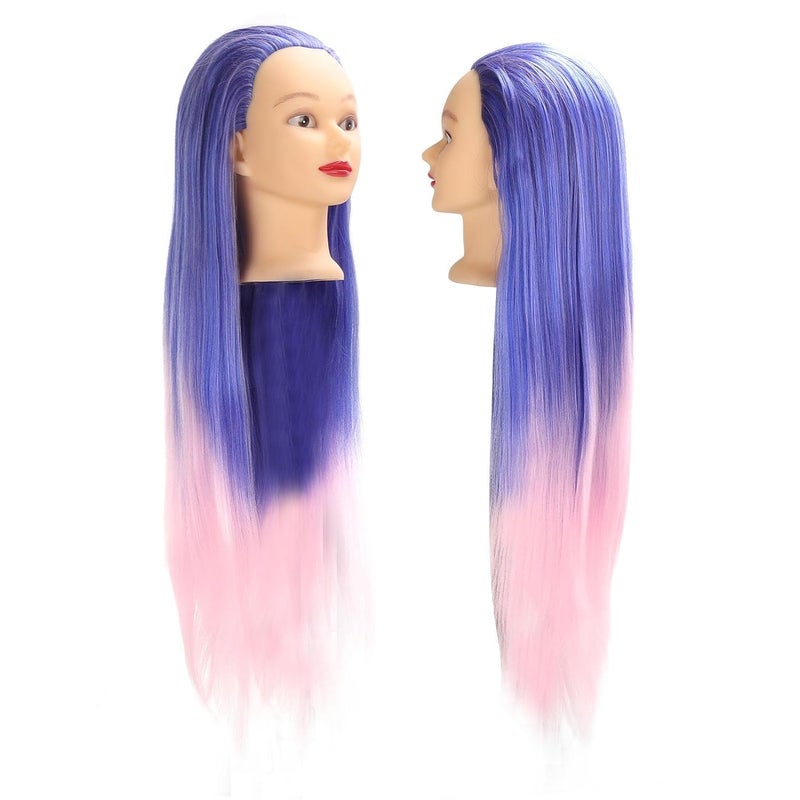 Mannequin Head with Blue Pink Gradient High Temperature Synthetic Hair, Female Hair Styling Training Model, Realistic Scalp Design for Braiding Cutting Dyeing Practice - Image 5
