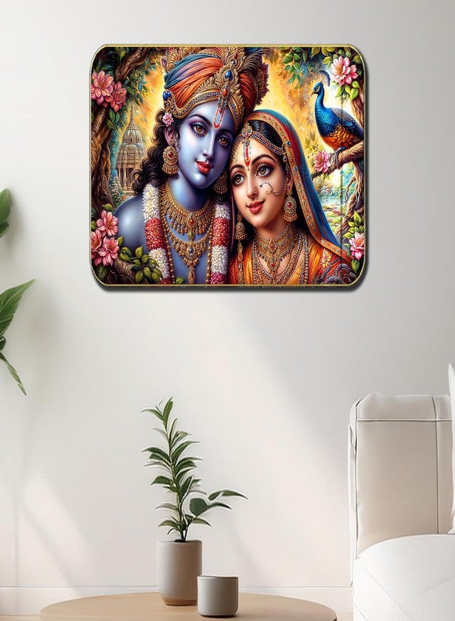 Masstone Radha Krishna Crystal Embedded High Gloss Wall Painting, Golden Slim Frame, 45x30 Cm Wall Art for Living Room, Bedroom, Office & Home Décor (HG03) - Image 1