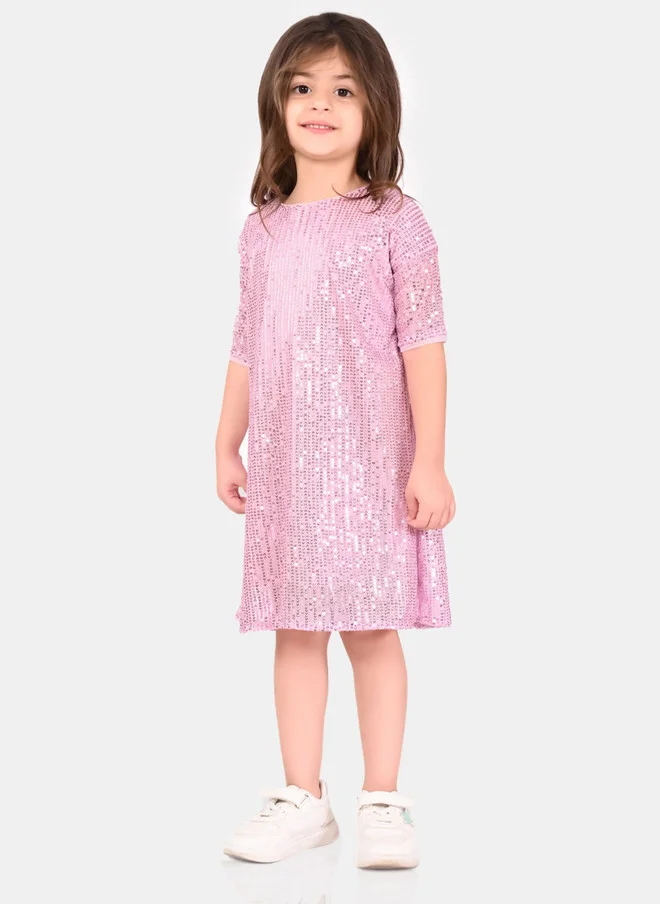 Bonkids BONKIDS Pink Embellished Round Neck Sequinned Cotton A-Line Dress