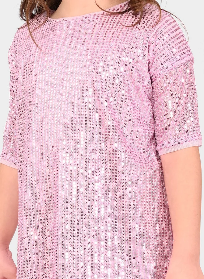 Bonkids BONKIDS Pink Embellished Round Neck Sequinned Cotton A-Line Dress