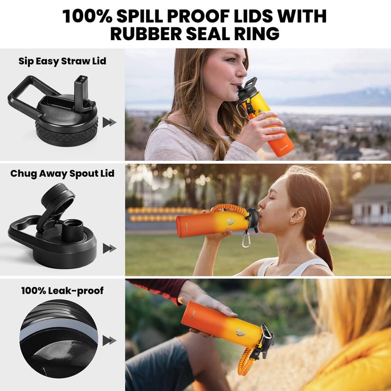 Raymylo Insulated Water Bottle 24Oz  Triple Wall Vacuum Stainless Steel (Cold For 48 Hrs  Hot For 24Hrs)  Leak Proof & Non-Bpa  24Oz Hydro Water Flask With Paracord Handle & Straw Spout Lids - Image 3