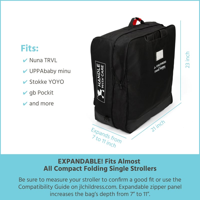 J.L. Childress Compact Travel Stroller Bag for Airplane - Fits Most Compact-Fold Single Baby Strollers, Compatible with UPPAbaby MINU, GB Pockit, Nuna TRVL & More, AirTag Compatible - Black - Image 2