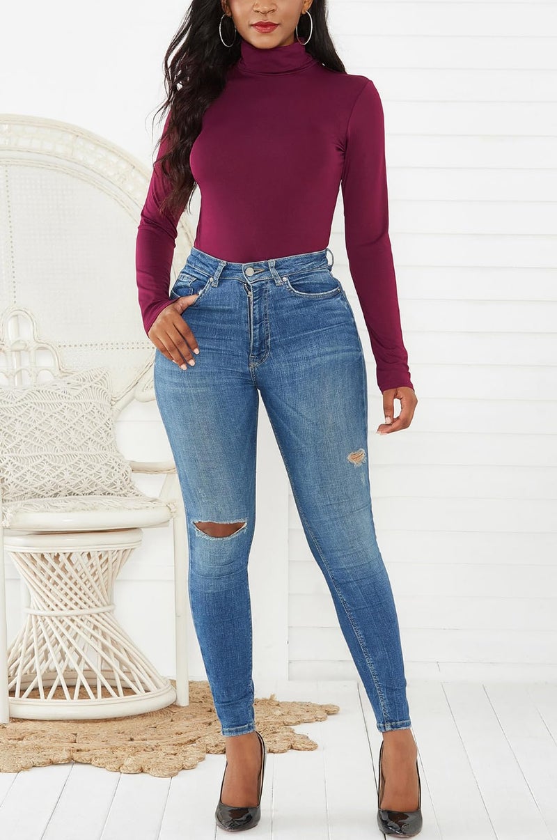 Sumtory Womens Turtleneck Long Sleeve Leotard Plain Snap Crotch Stretchy Bodysuit S - Image 3