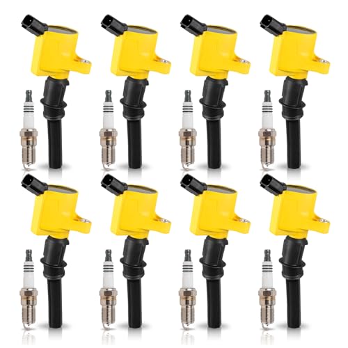 ENA Set 8 Yellow Ignition Coil Pack and Platinum Spark Plug Compatible with Lincoln Mercury Ford F150 E150 E250 Expedition Explorer Crown Victoria Town Car 4.6L 5.4L V8 Replacement for DG508 SP493 - Image 1