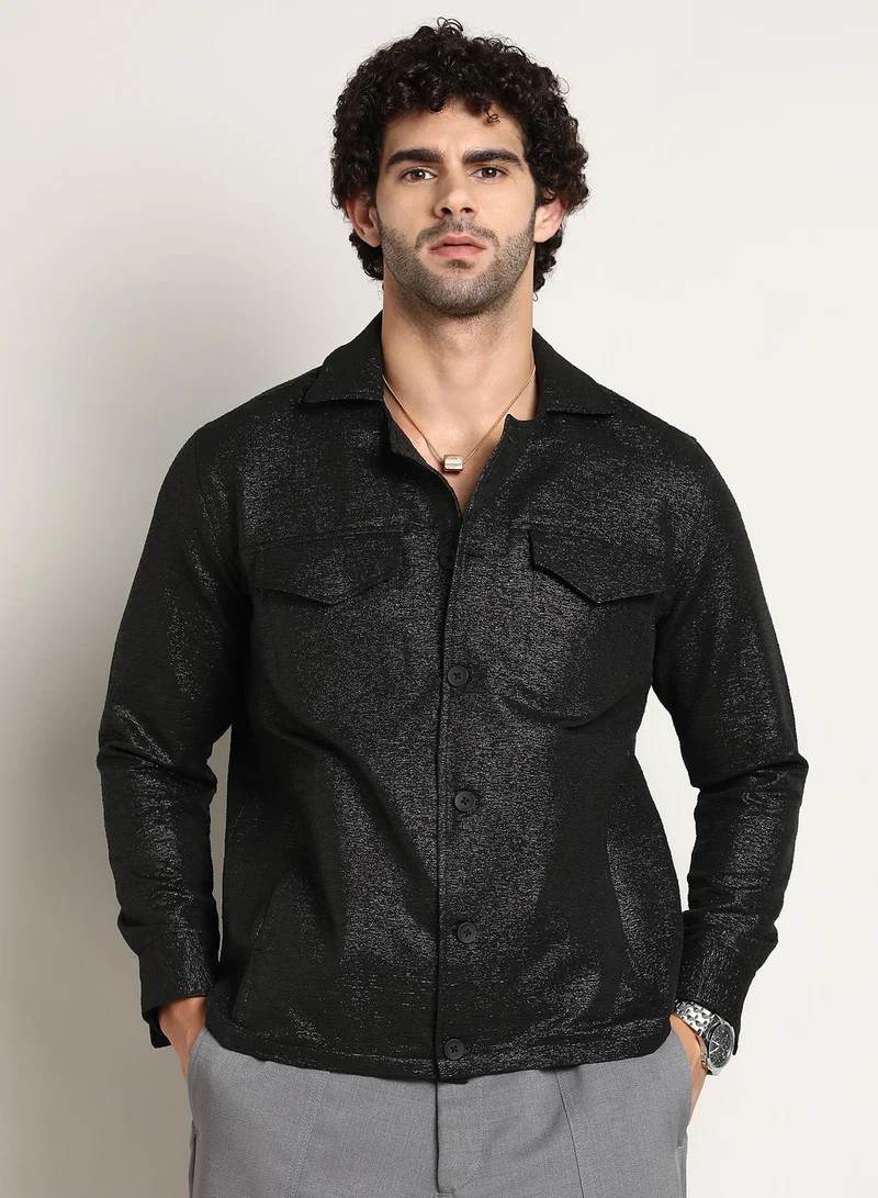Campus Sutra Campus Sutra Men's Onyx Black Metallic Utility Shacket For Casual Wear | Spread Collar | Long Cuffed Sleeves | Button Closure | Overshirt/Shacket Crafted With Comfort Fit For Everyday Wear