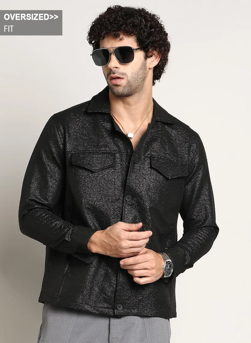 Campus Sutra Men's Onyx Black Metallic Utility Shacket
